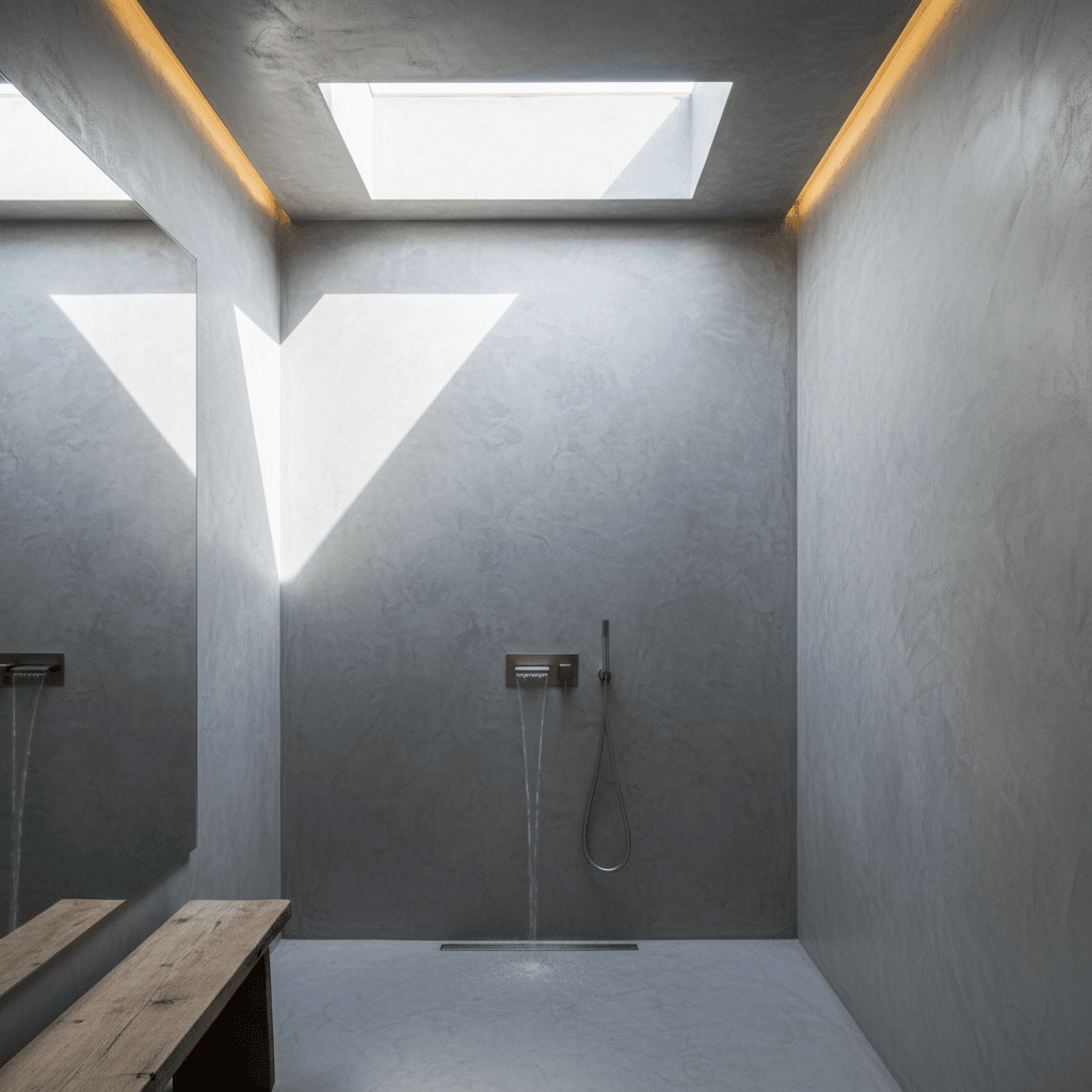 Seamless polished plaster finish in a skylit bathroom