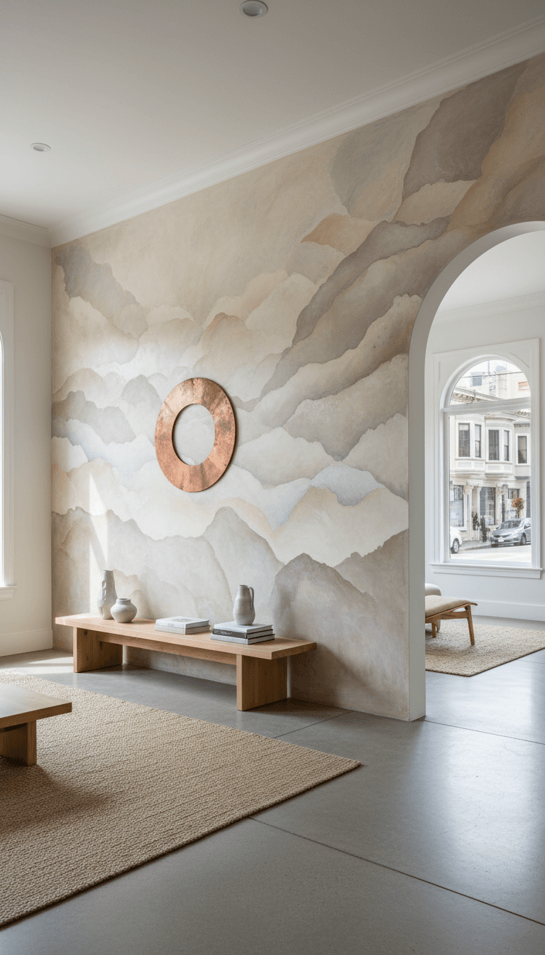 Finished decorative plaster wall in a sunlit San Francisco living room