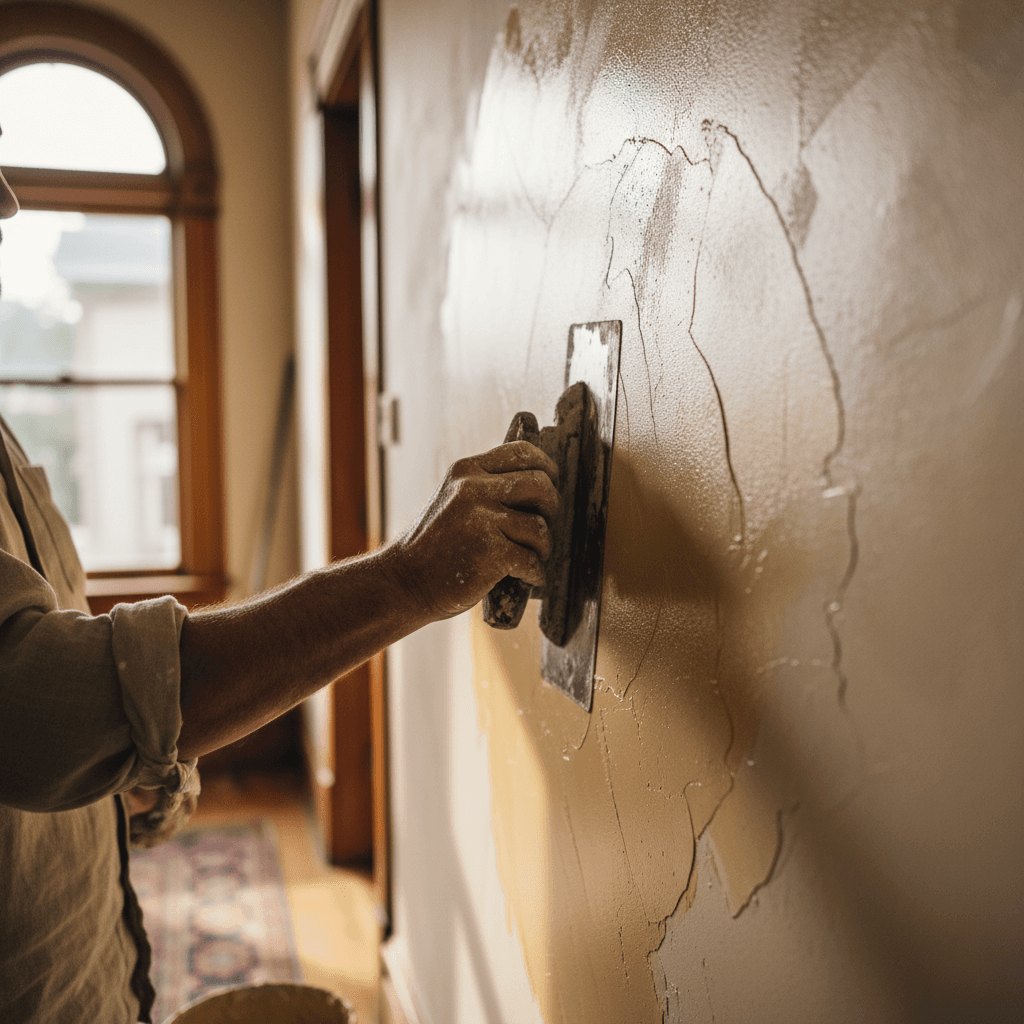 Craftsman applying Venetian plaster with trowel