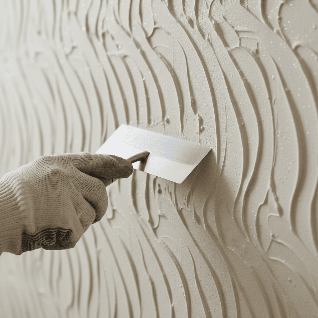Close up of hand trowel applying textured plaster to a wall