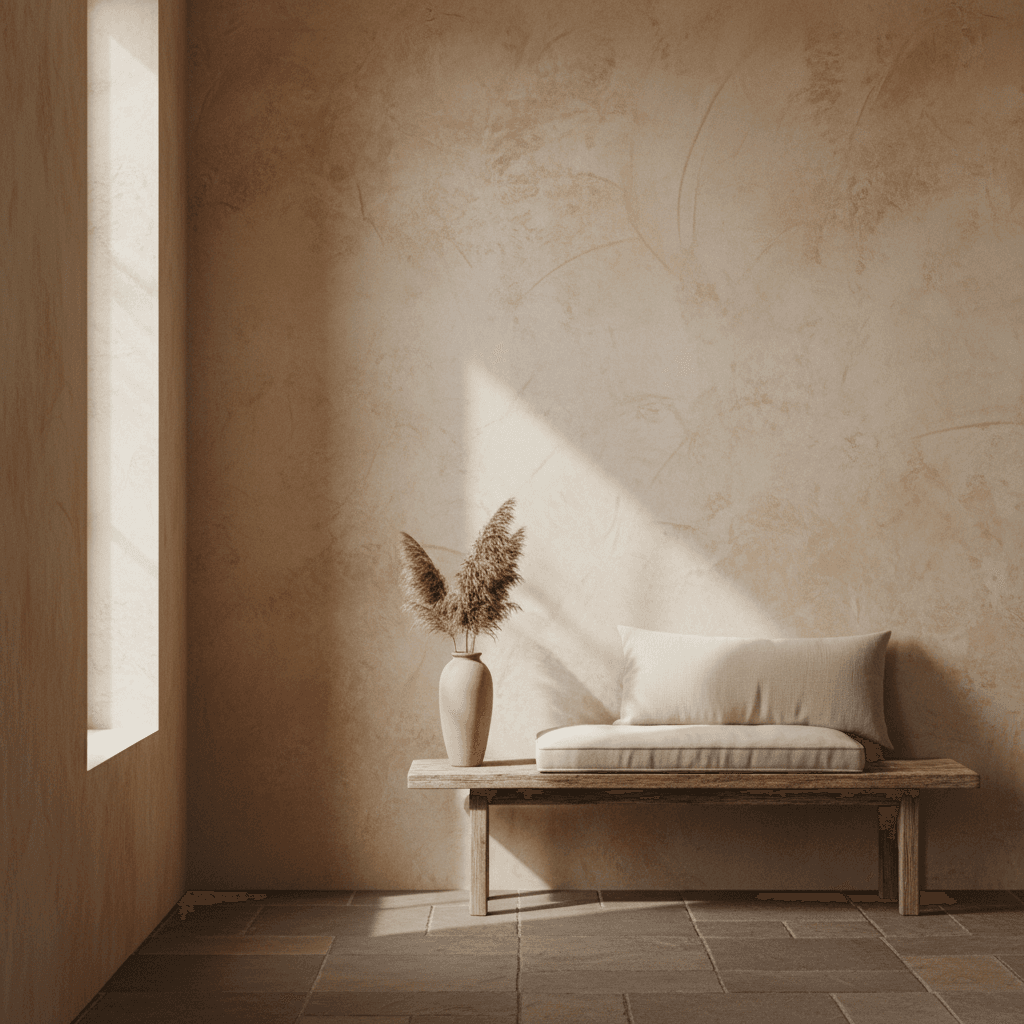 Warm limestone-look plaster wall in a Nob Hill living room