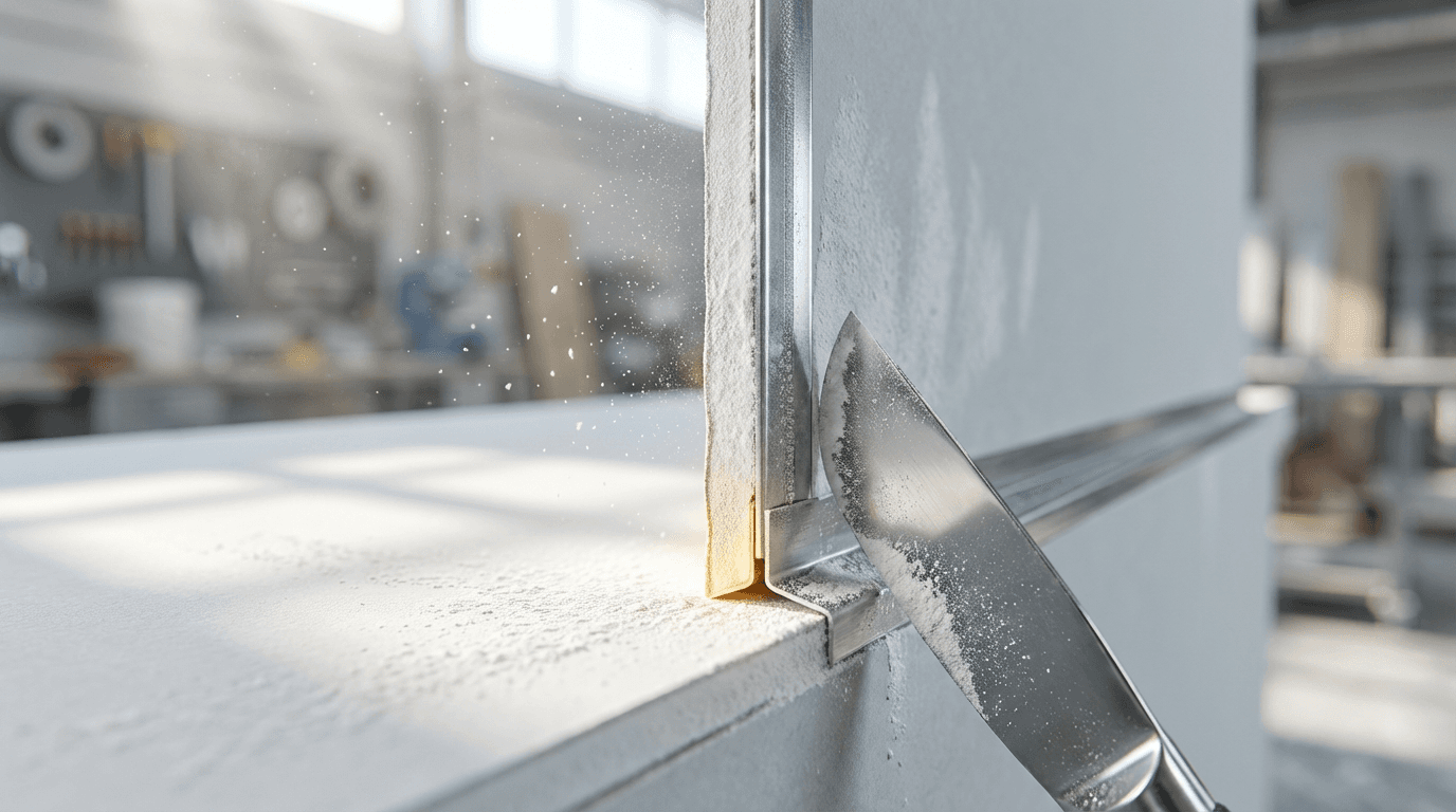 Close-up of a freshly patched interior drywall panel with smooth white compound, faint sanding dust, and a metal taping knife resting on a drop cloth in a well-lit room