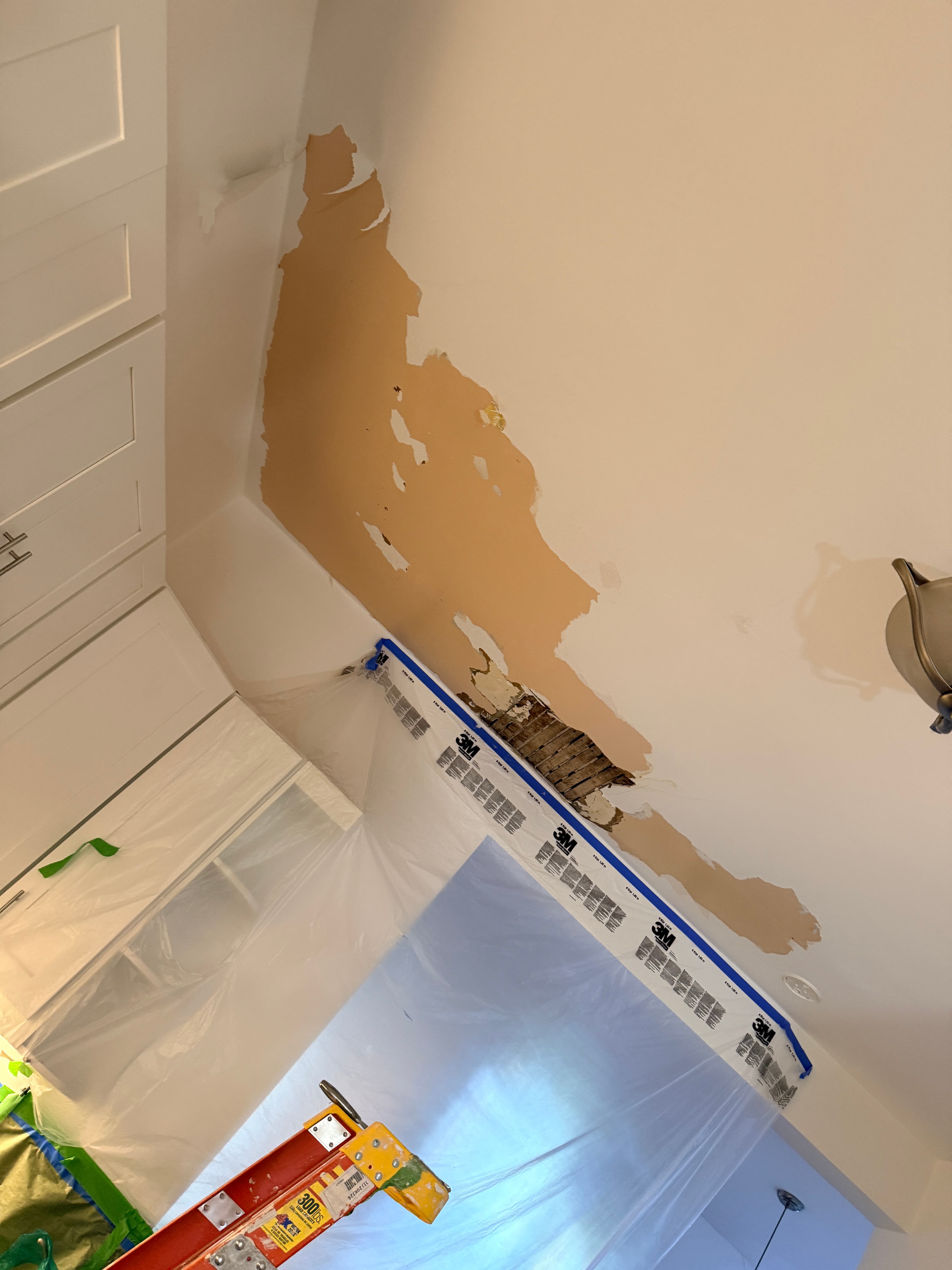 Damaged ceiling with large patches of peeling plaster and exposed lath above protective plastic sheeting.